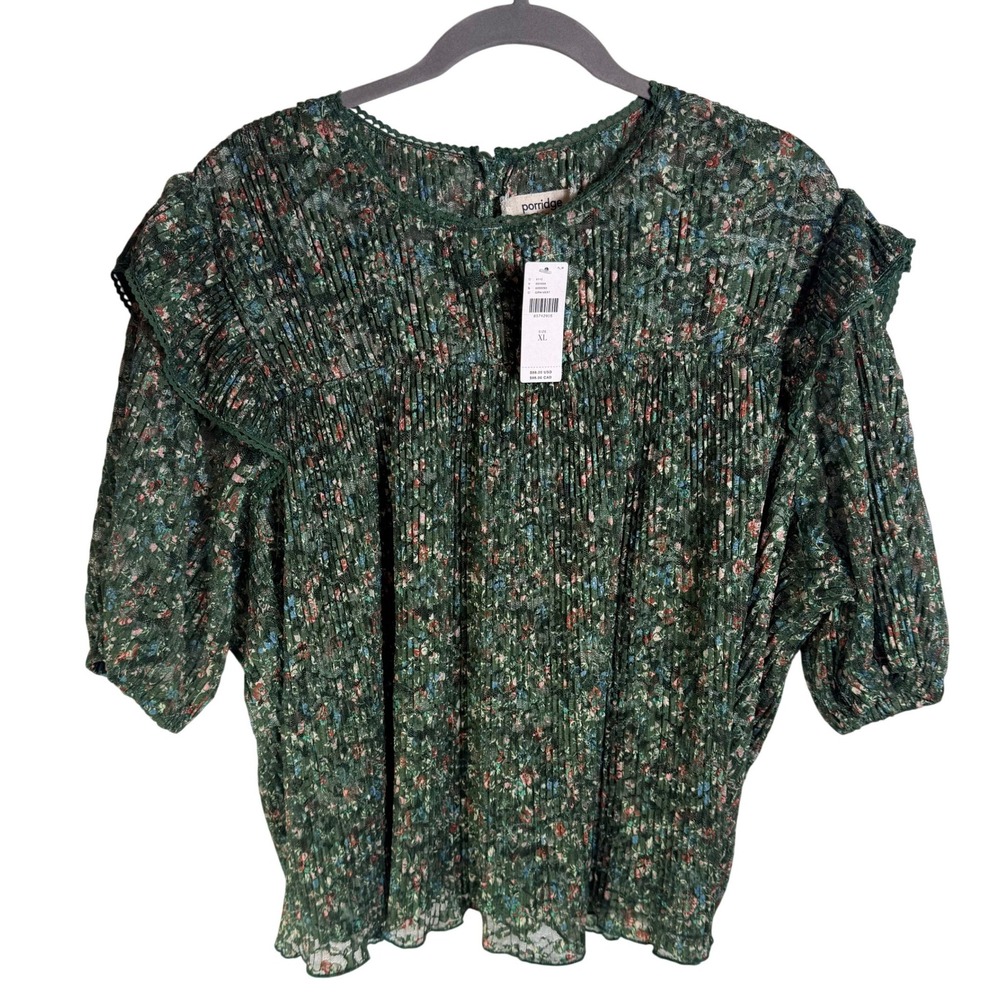 Porridge Anthropologie Green Floral Pleated Lace Ruffle Blouse XL NEW